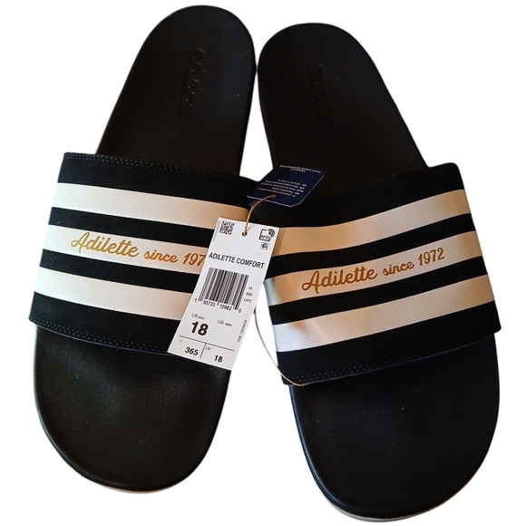 adidas Other - Adidas Adilette Comfort Men's Black White Gold Lettered Slide Sandals Sz 18 New